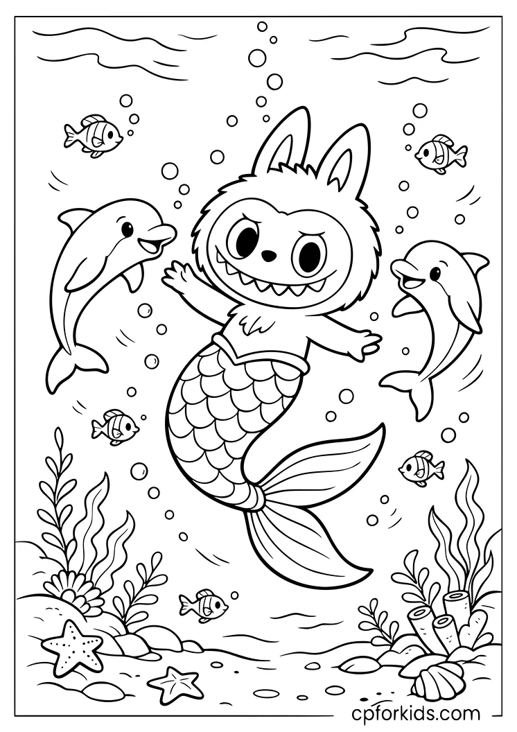 Mermaid Labubu Swims With Dolphins