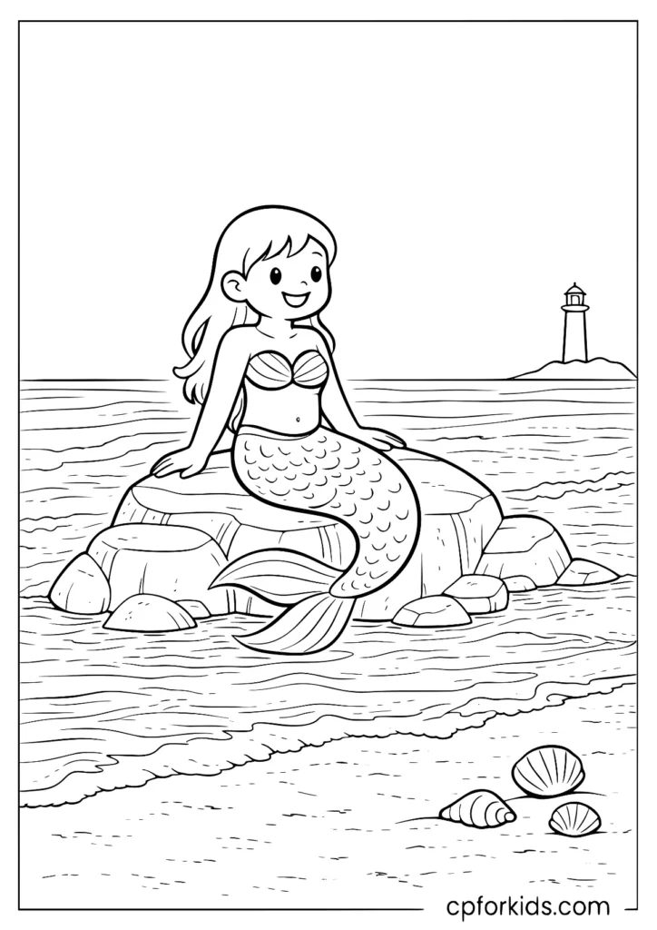 Mermaid resting on a rock by sea coloring page