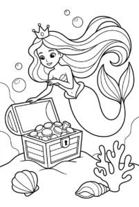 A mermaid princess opening a treasure chest underwater