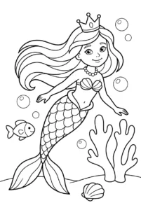 A mermaid princess swimming through a coral garden