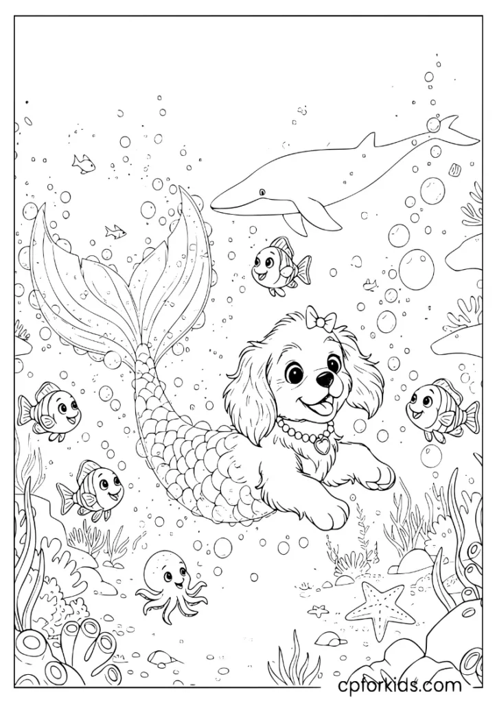 Cute little mermaid princess with puppy and bubble tail coloring sheet