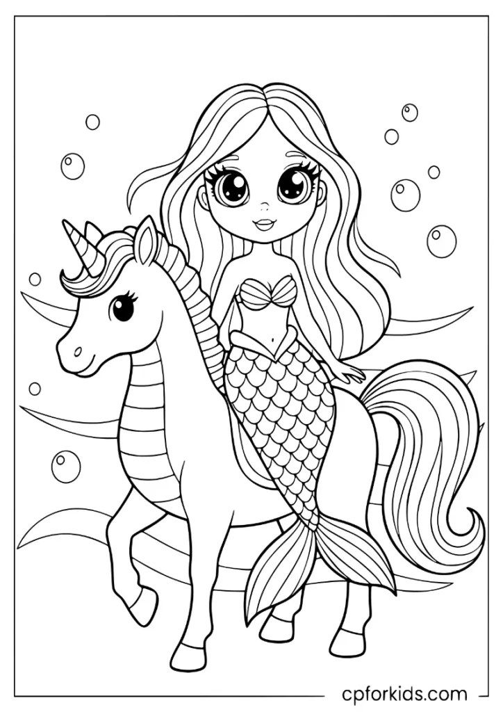 Cute mermaid riding a magical sea unicorn coloring page for kids