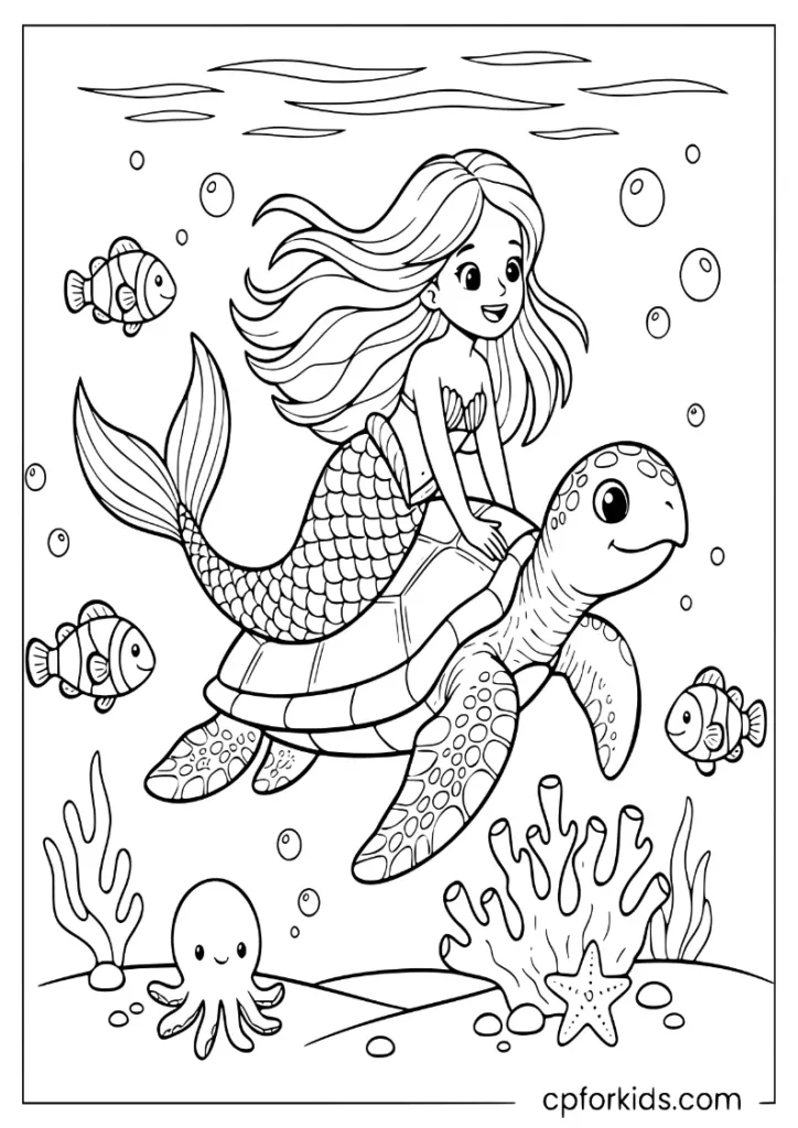 Cute mermaid riding a sea turtle underwater coloring page