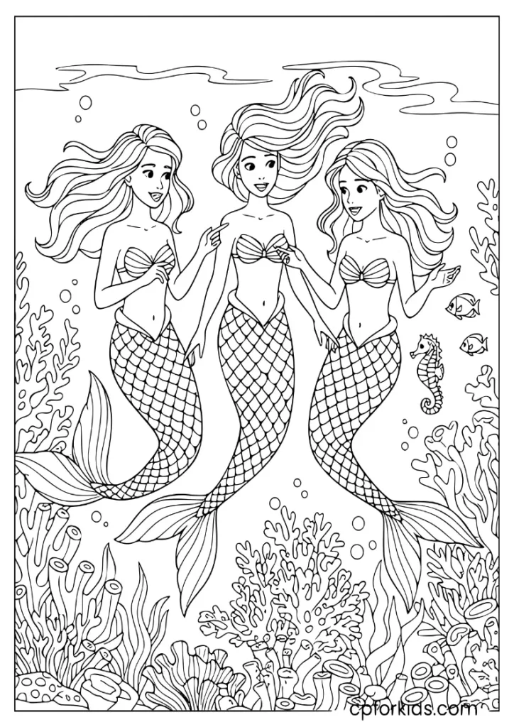 Mermaid sisters coloring page exploring magical coral garden