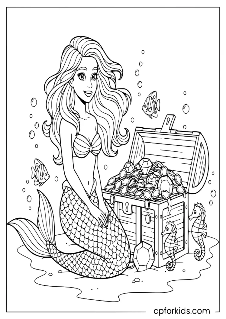 Mermaid coloring page finding a sunken treasure chest