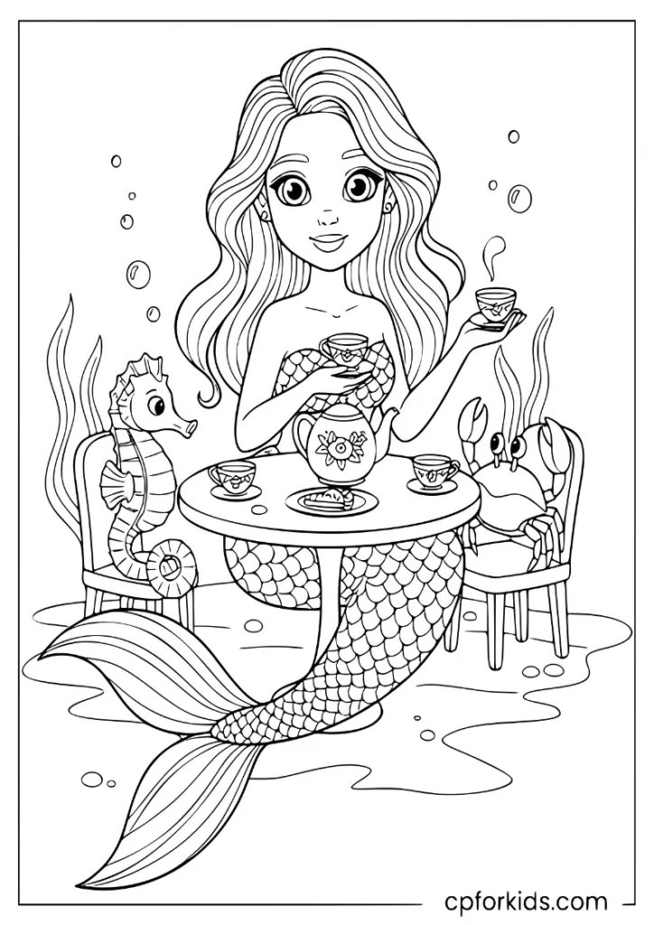 Mermaid coloring page having tea party with underwater friends