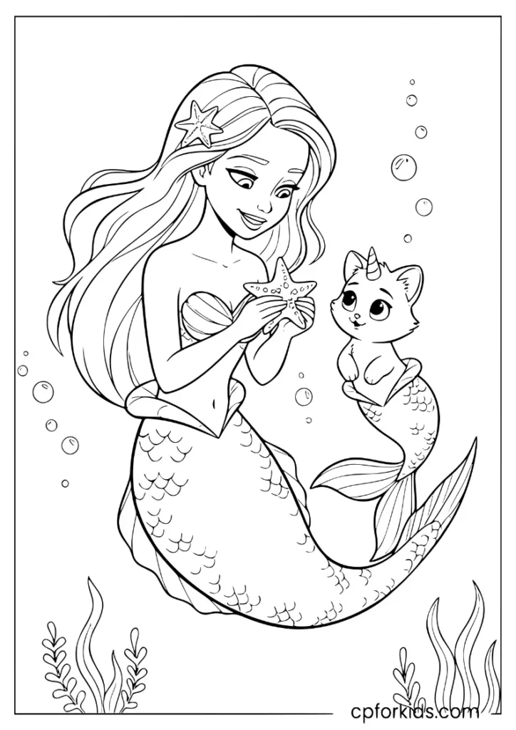 Mermaid with small caticorn holding a starfish coloring page