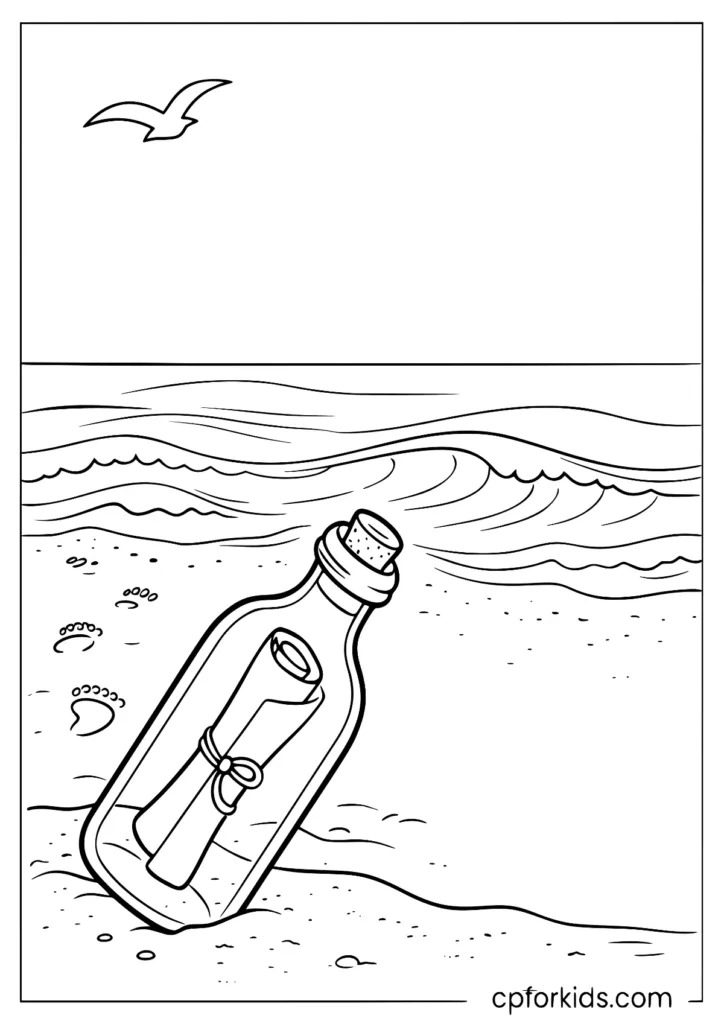Message in a bottle washed up on the sand with footprints nearby coloring page