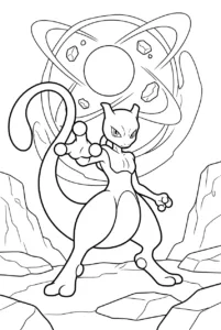 Mewtwo using psychic power with energy sphere and floating rocks