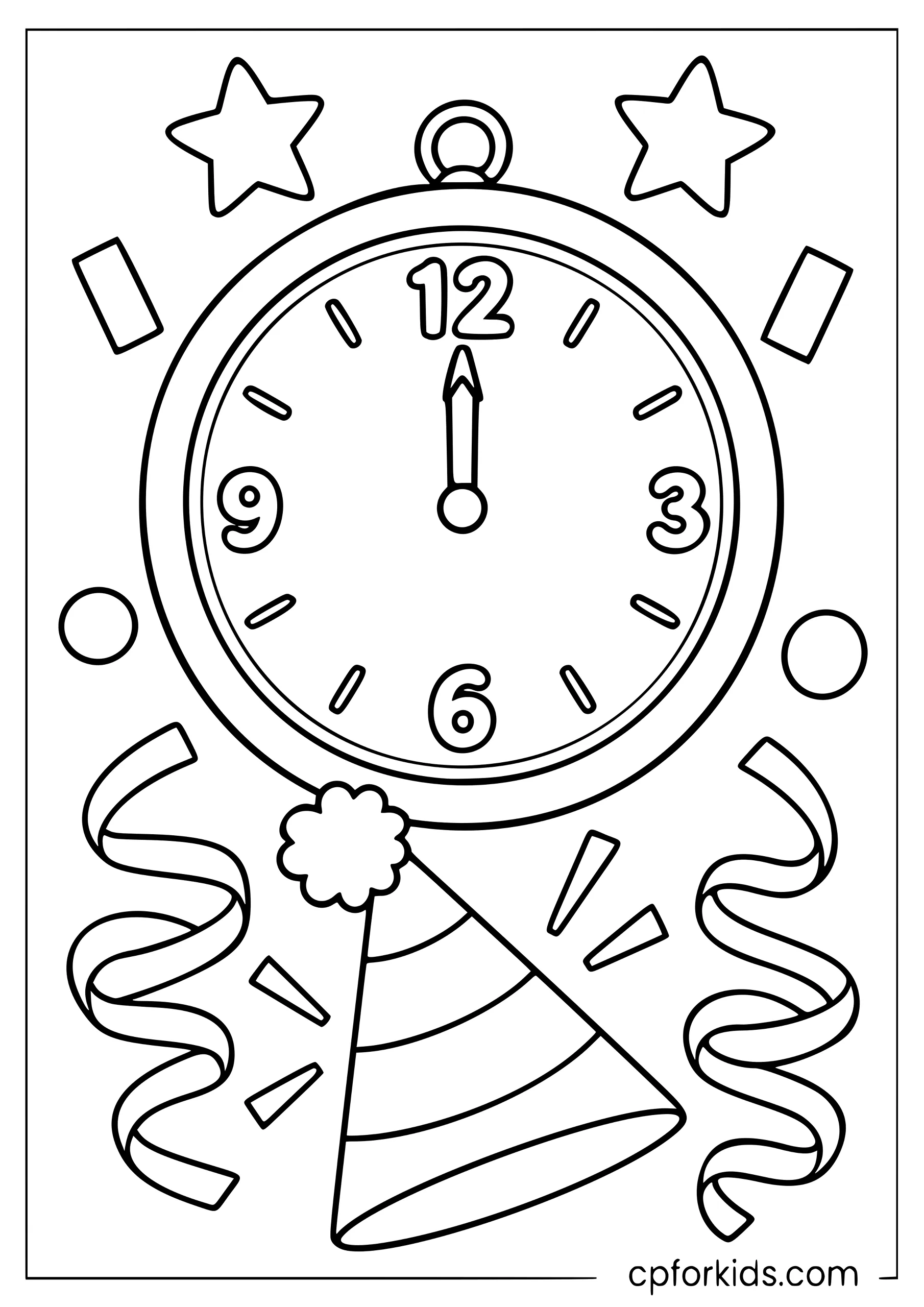 Clock striking midnight with stars