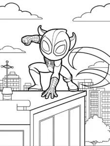 Miles Morales landing in a crouch on a rooftop