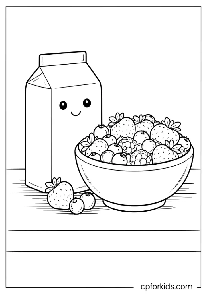 Milk and berries healthy breakfast coloring page for kids