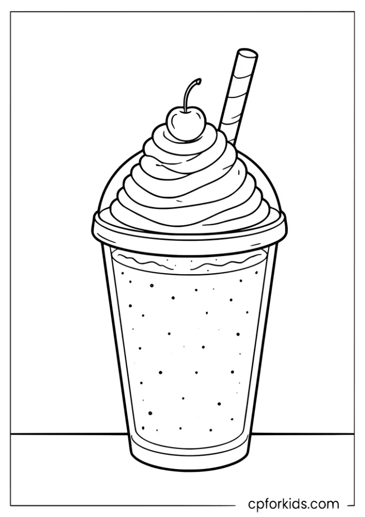 Milkshake fast food coloring page with whipped cream and cherry for kids