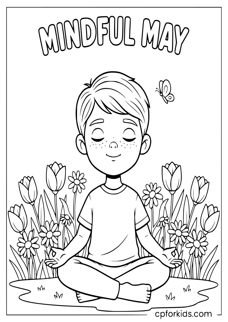 Child meditating peacefully in a May garden