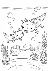 Baby Minecraft axolotl swimming beside its parent underwater