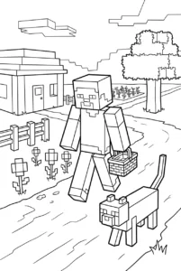 Minecraft cat following Steve along a village path