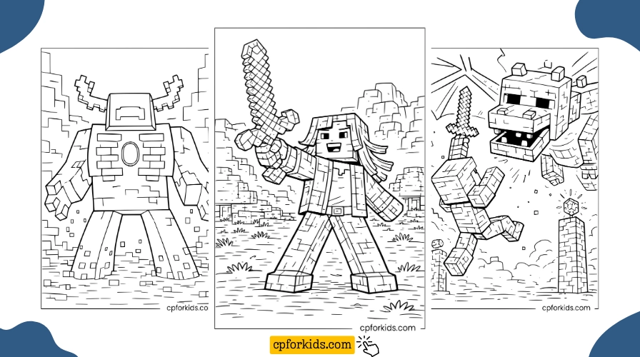 Three Minecraft coloring pages showing an Iron Golem, a character with a diamond sword, and a battle scene with a blocky creature