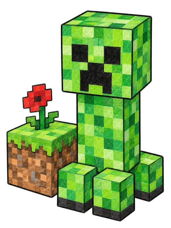 Green Creeper beside a grass block and red flower