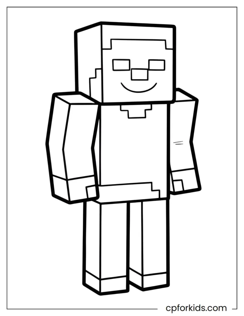 Minecraft Character Coloring Pages Minecraft coloring page of a blocky hero with a pickaxe, black and white geometric line art.