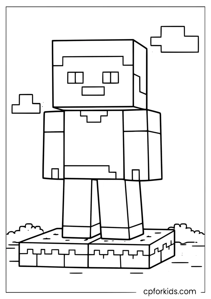 A blocky Minecraft Steve standing on grass blocks with square eyes and his classic blue shirt and brown trousers