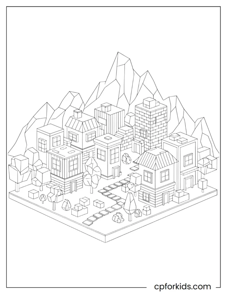 Minecraft Village & Building Scenes Minecraft village scene coloring page showing blocky houses and nature, black and white lines.