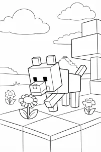 Minecraft wolf pup sniffing a golden dandelion outdoors