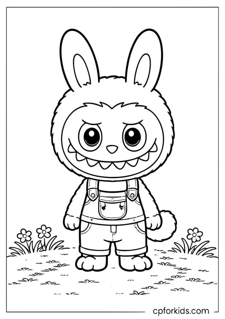 Mini Labubu in overalls standing on a grass path coloring page for kids