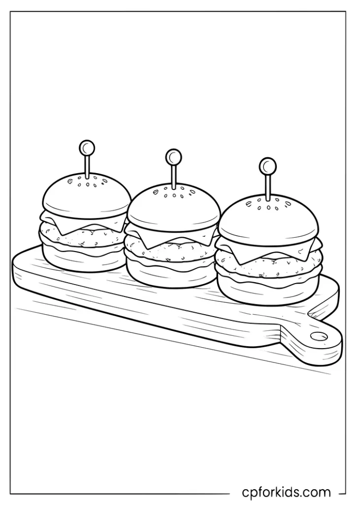 Mini sliders on a serving board coloring page