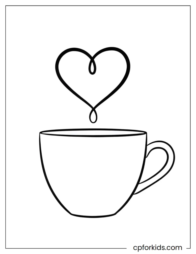 Soft Minimal Aesthetic Coloring Pages Minimalist aesthetic coloring page featuring a simple coffee cup illustration with soft steam lines forming a heart shape.