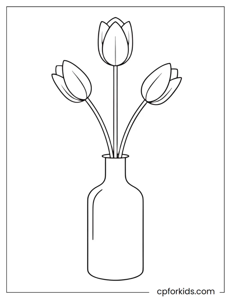Minimalist Adult Coloring Pages Minimalist adult coloring page showing a simple vase with three tulip stems drawn in clean, modern lines.