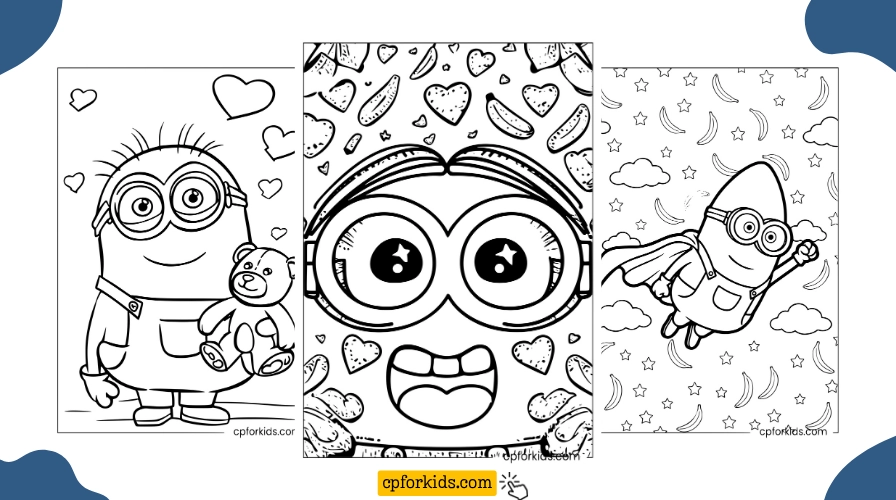 Three Minion coloring pages showing Bob with his teddy bear, a kawaii Minion face close-up, and a Minion flying on a rocket
