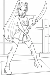 Mira practicing with her curved blade in a training room