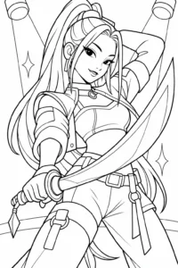 Mira striking a dance pose with her curved blade