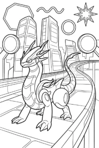 Miraidon racing along an elevated road through a futuristic city