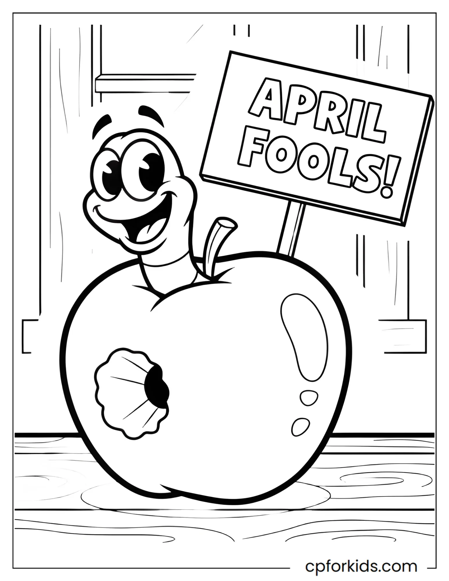 Worm poking out of an apple holding a tiny "April Fools" sign