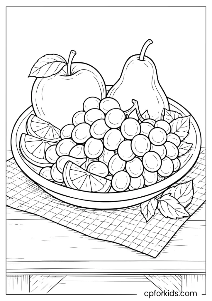 Mixed fruit plate coloring page with apple, orange, grapes, and pear