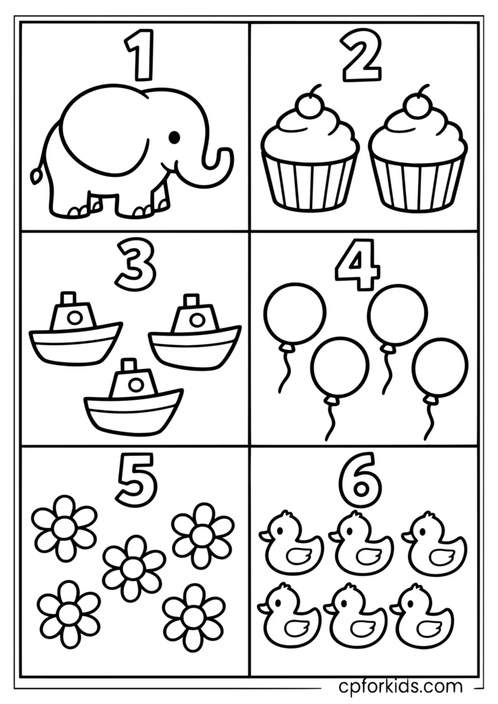 Mixed preschool counting coloring sheet with various objects to count and color for young kids