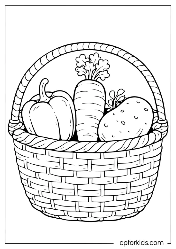 Mixed vegetables in basket coloring page with peppers carrot and potato