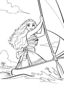 Moana sailing her canoe across the ocean