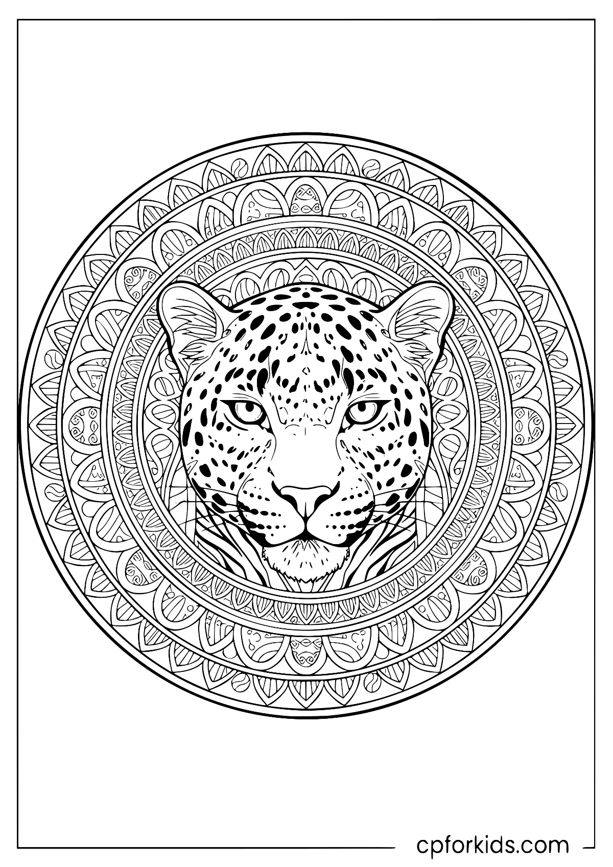 Spotted big cat face inside circular floral mandala