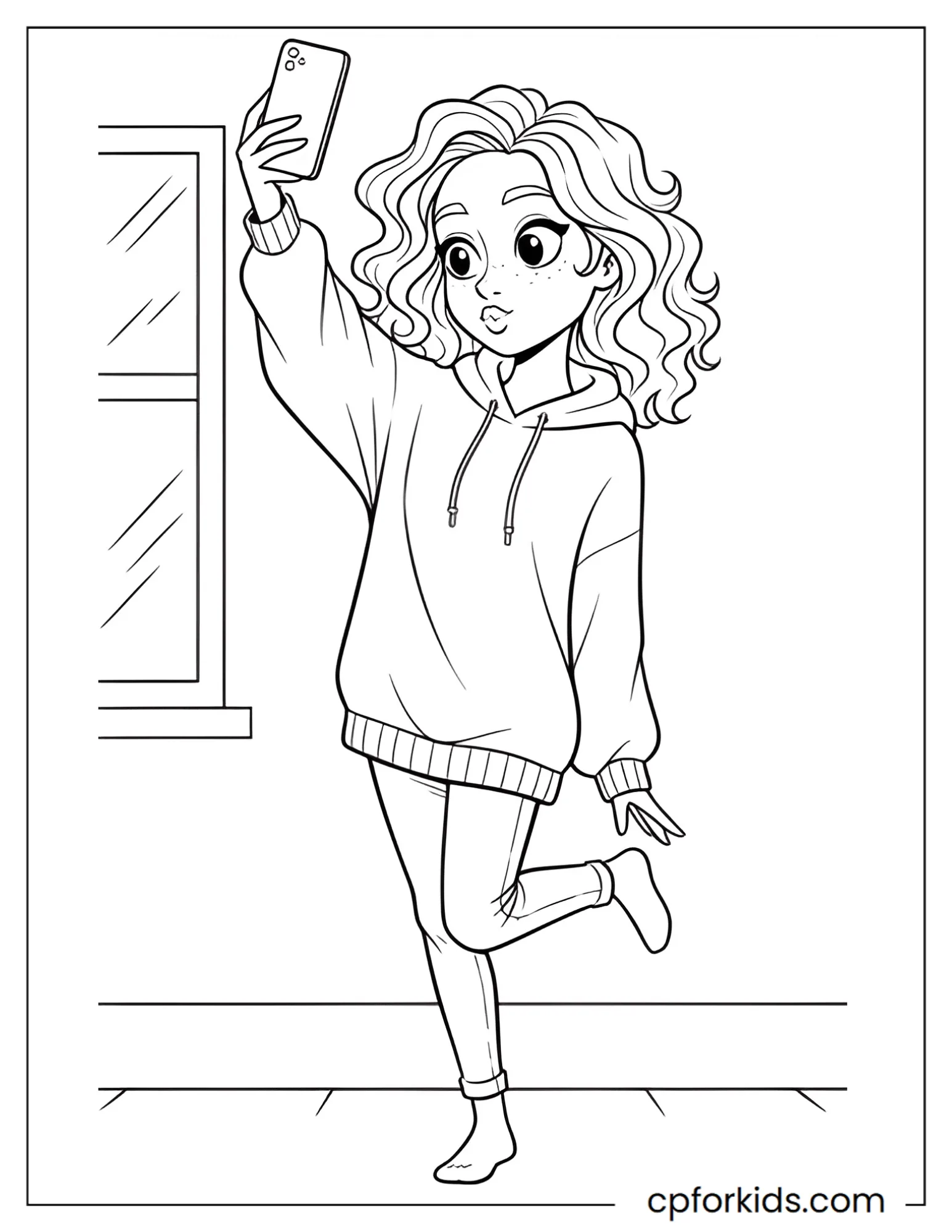 Curly hair girl taking a selfie in her bedroom