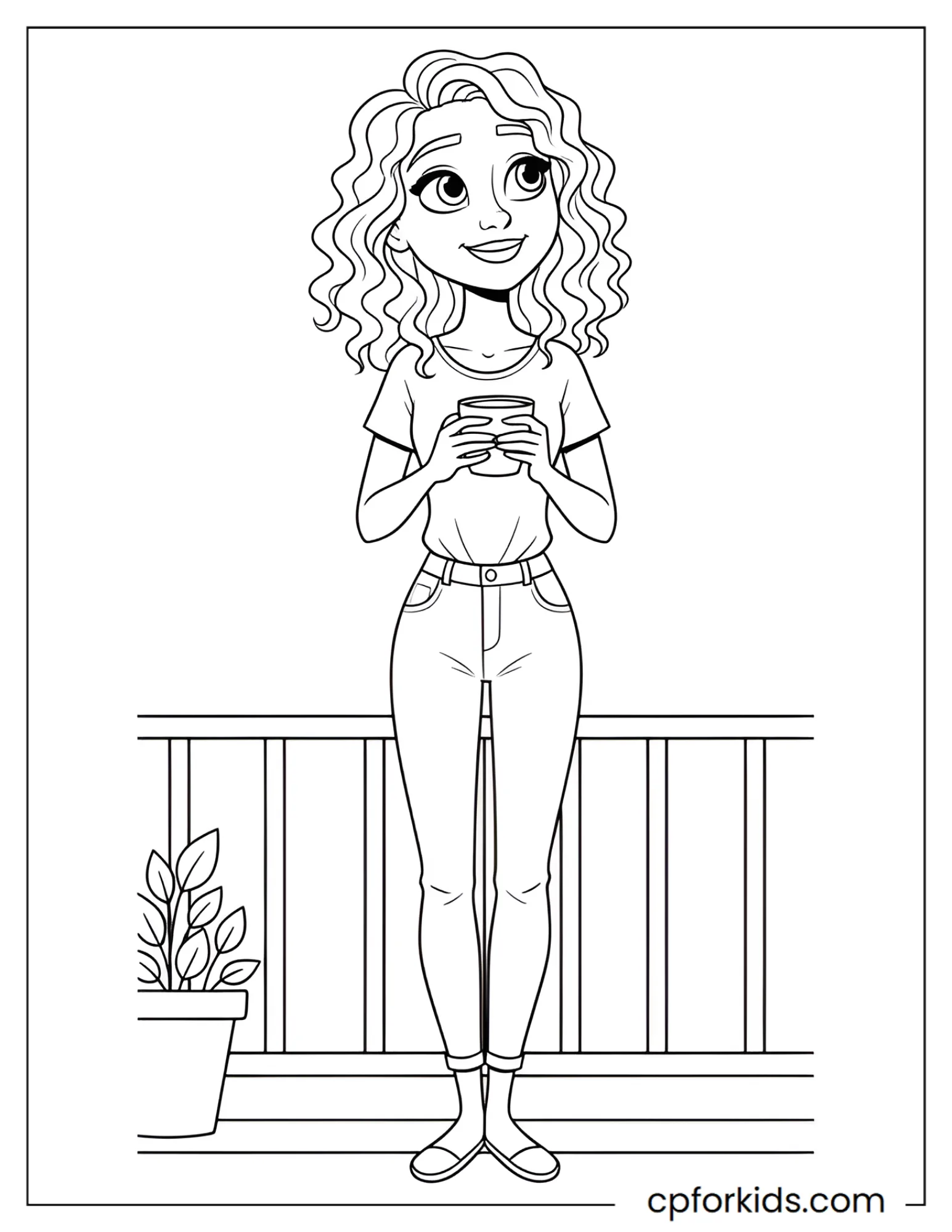Curly hair woman holding a cup of coffee on a balcony