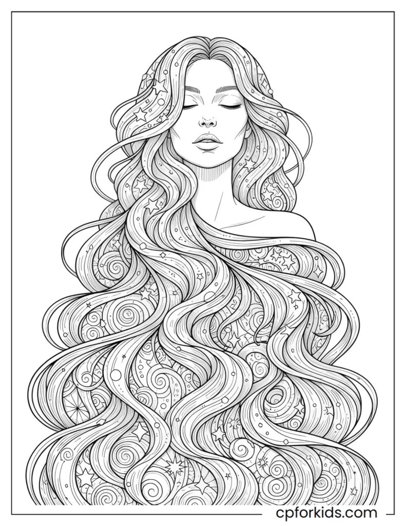 Modern Female Aesthetic Coloring Pages Modern female aesthetic coloring page showing a stylized woman with long flowing hair filled with stars and constellation patterns.