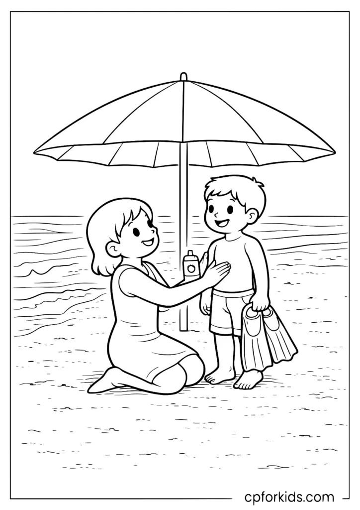 Mom applying sunscreen under umbrella coloring sheet