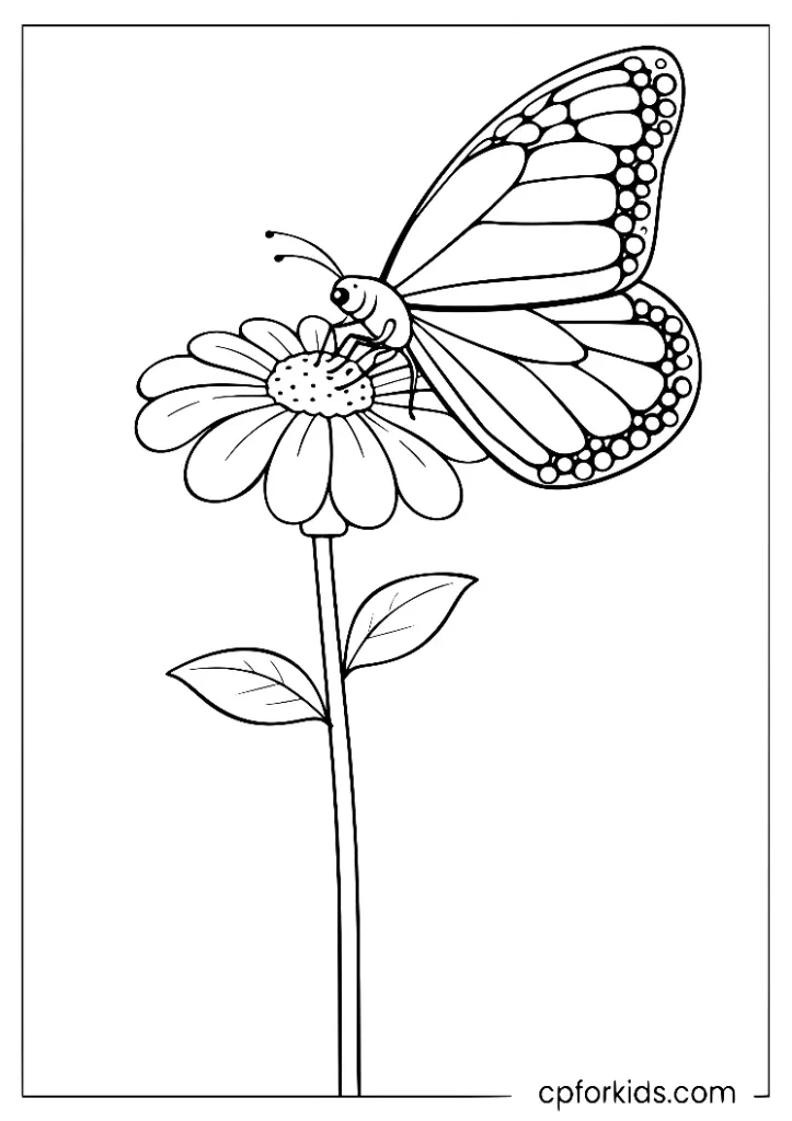 Monarch butterfly perched on a tall flower coloring page