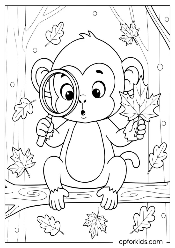 Monkey counting falling leaves with a magnifier, November science coloring sheet.