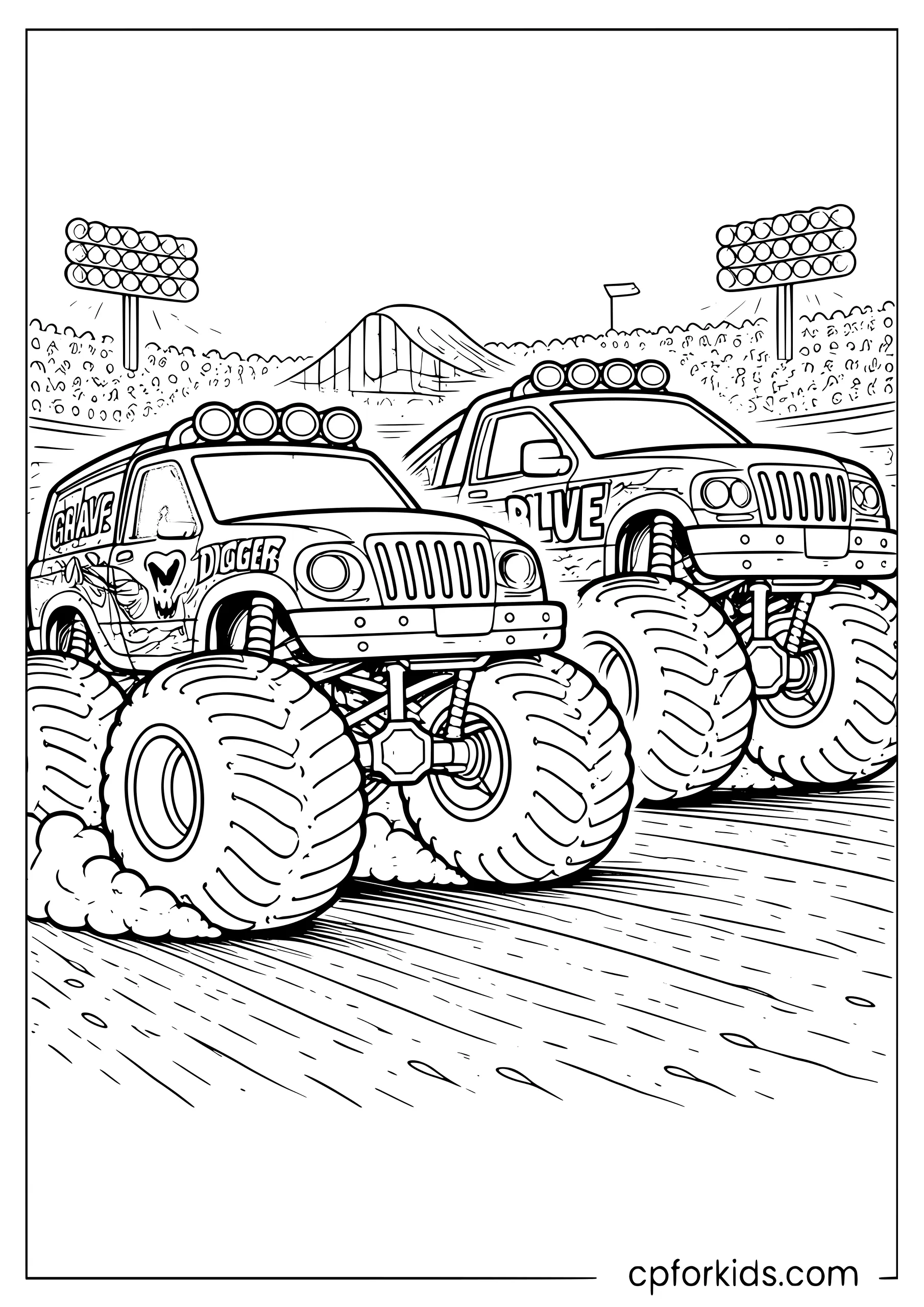 Two Monster Jam Trucks Racing
