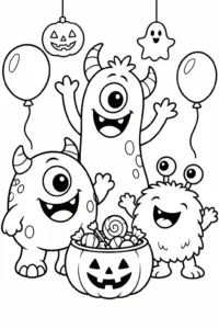 Three friendly monsters celebrating at a Halloween party