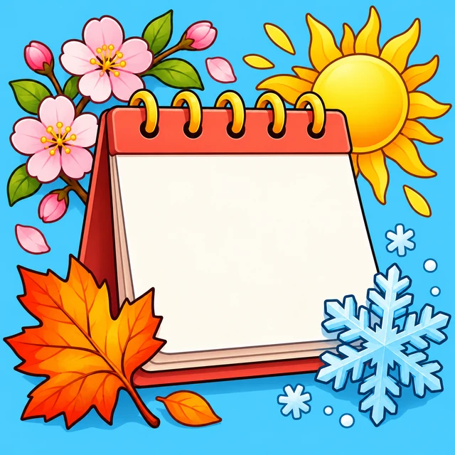 Blank calendar surrounded by flowers sun leaf and snowflakes