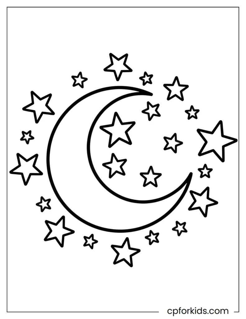 Moon and stars coloring pattern featuring a crescent moon with simple star shapes.